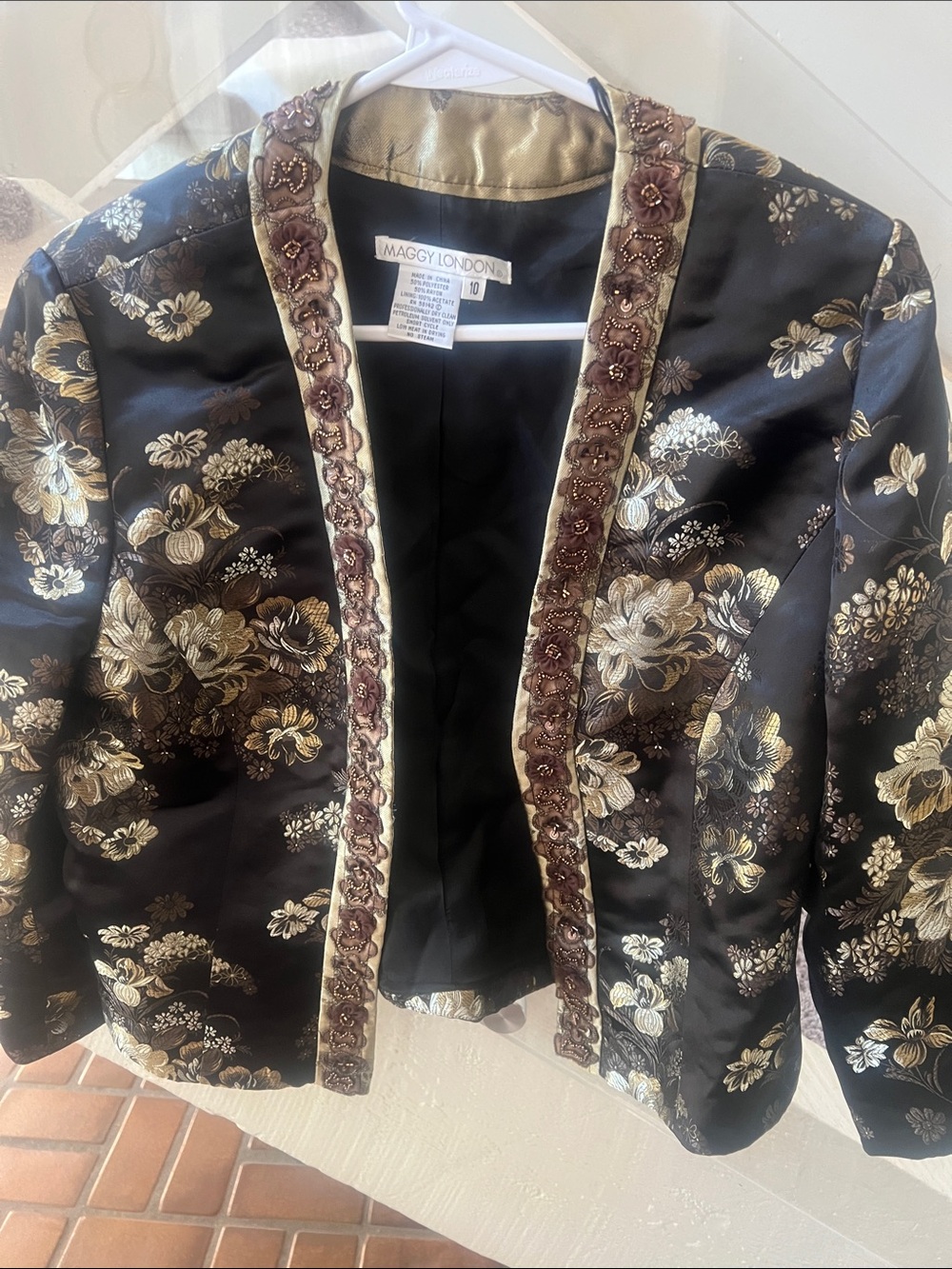Brocade cropped Black Jacket with Gold Floral Brocade and Brown Trim